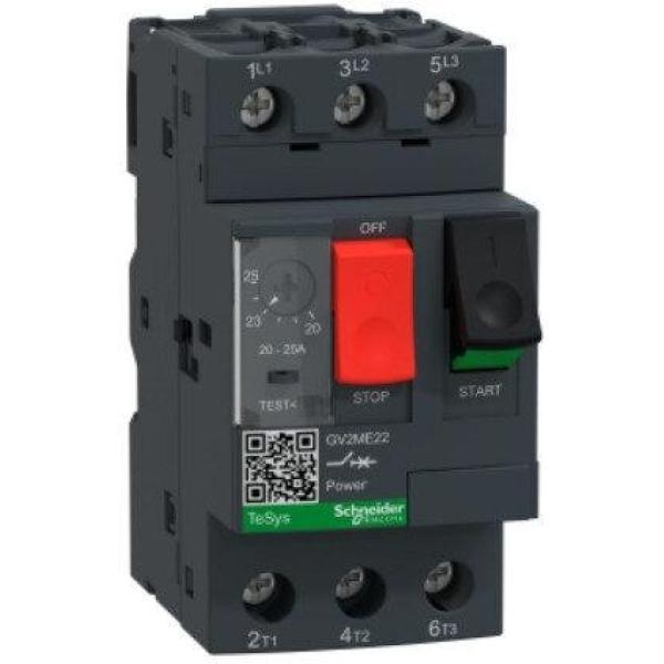 GV2ME22 - Motor circuit breaker, TeSys Deca, 3P, 20 to 25A, thermal magnetic, screw clamp terminals, button control