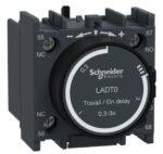 LADT0 - Time delay auxiliary contact block, TeSys D, 1NO + 1NC, on delay 0.3-3s, front, screw clamp terminals
