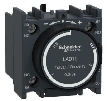 LADT0 - Time delay auxiliary contact block, TeSys D, 1NO + 1NC, on delay 0.3-3s, front, screw clamp terminals
