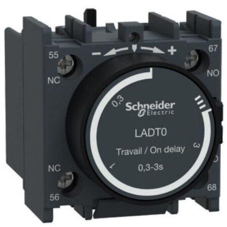 LADT0 - Time delay auxiliary contact block, TeSys D, 1NO + 1NC, on delay 0.3-3s, front, screw clamp terminals