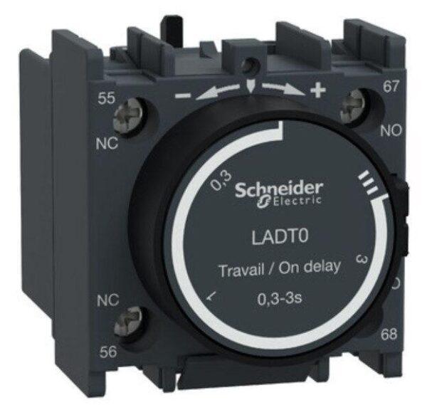 LADT0 - Time delay auxiliary contact block, TeSys D, 1NO + 1NC, on delay 0.3-3s, front, screw clamp terminals